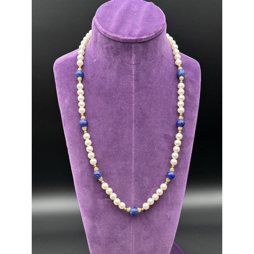Lapis‎ Lazuli and pearl long beaded yellow gold plated vintage elegant necklace